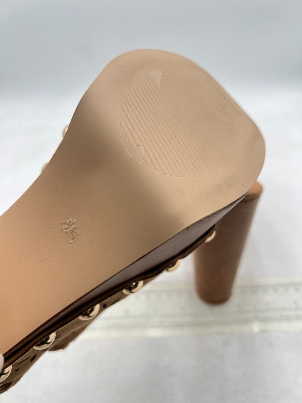 FOWT Tan Studded Closed Toe Floral Cut Out Platform Chunky Super High Heel Mules - Picture 6 of 8